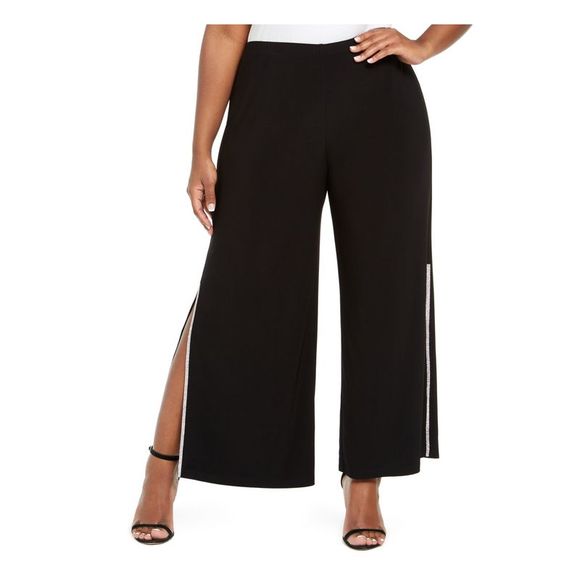 MSK Pants - MSK Womens Black Side Slits; Rhinestone Trim, Mid Evening Wide Leg Pants Plus 3X